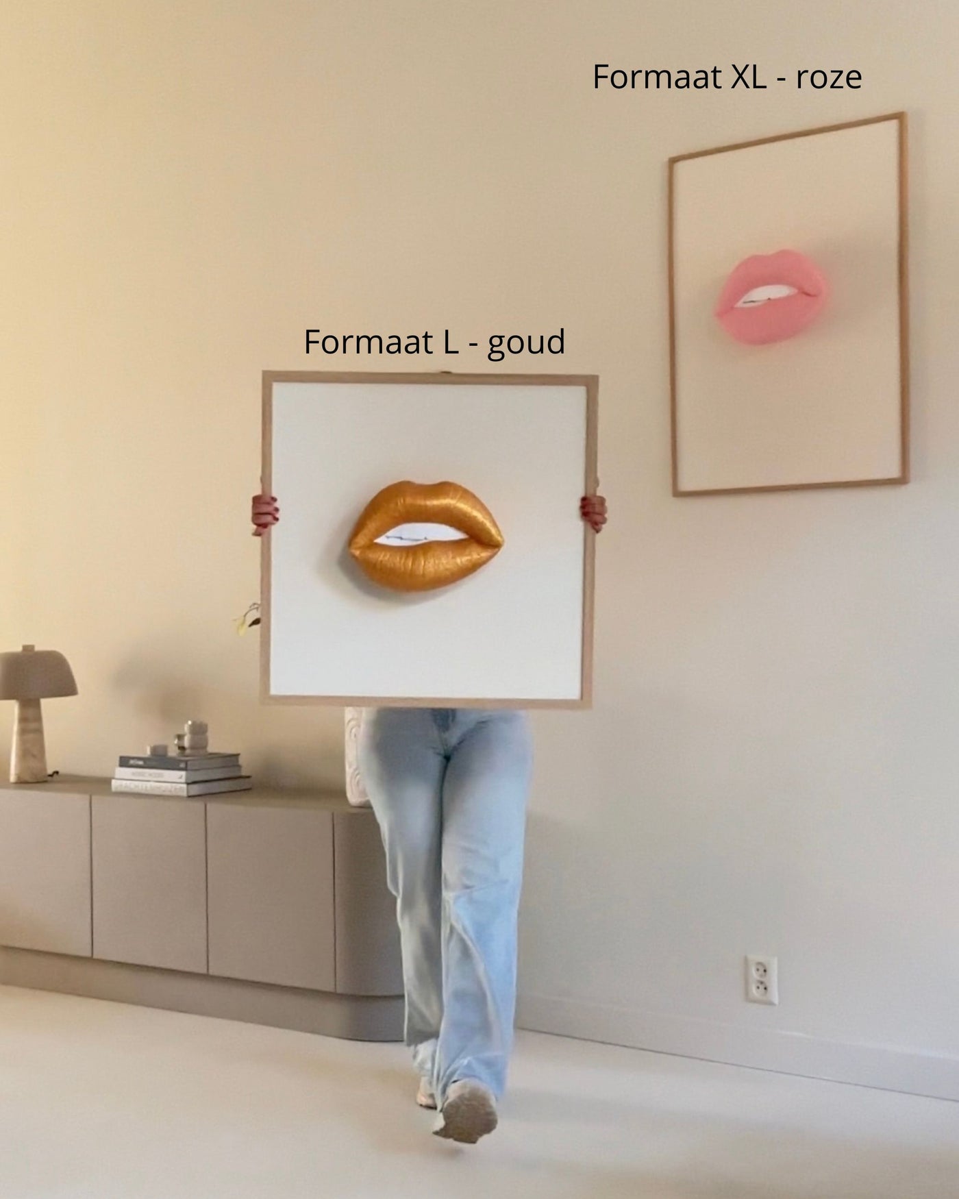 Handgemaakt kunstwerk met 3D gouden mond (maat L) - 62 x 62 cm