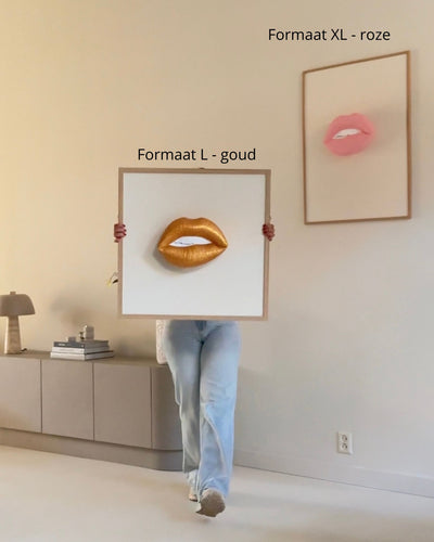 Handgemaakt kunstwerk met 3D gouden mond (maat L) - 62 x 62 cm