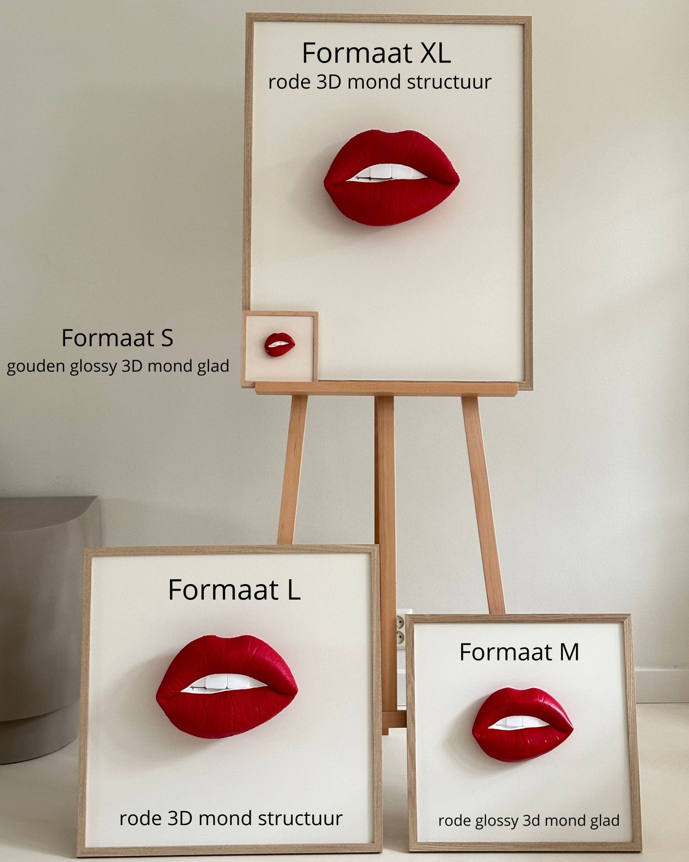 Handgemaakt kunstwerk met 3D rode mond (maat M) - 47 x 47 cm