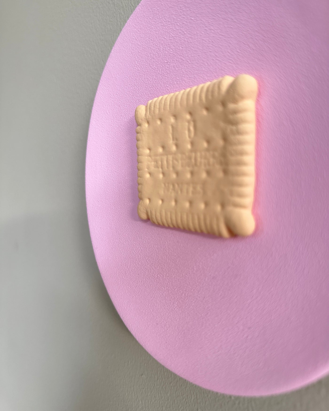 Keramieken bord licht roze met 3D Lu biscuit – 16 cm handgemaakt
